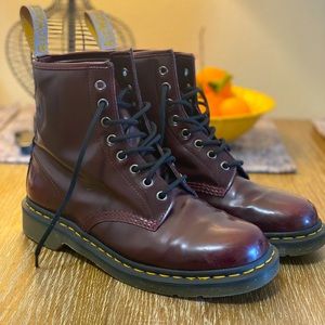 Red Vegan Dr Martens 1460, lightly worn, M9